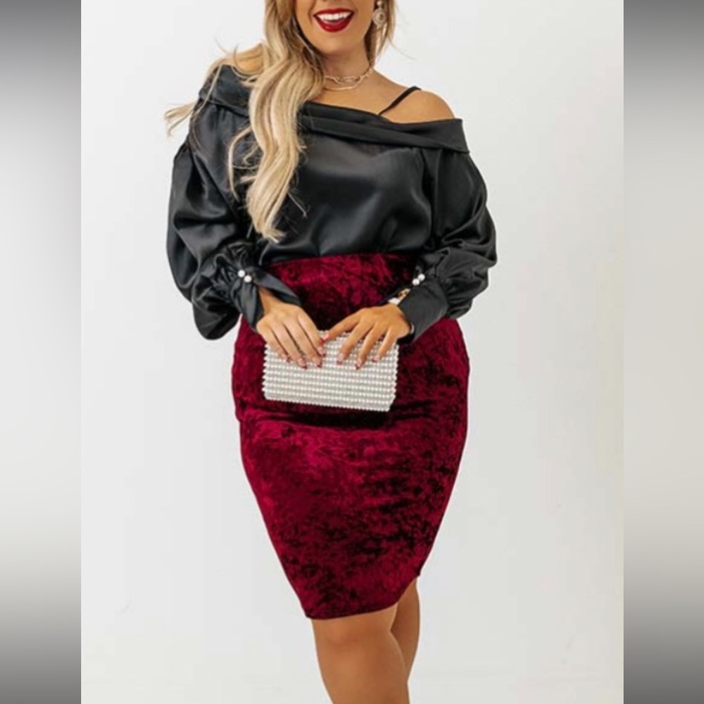 Red crushed velvet pencil skirt